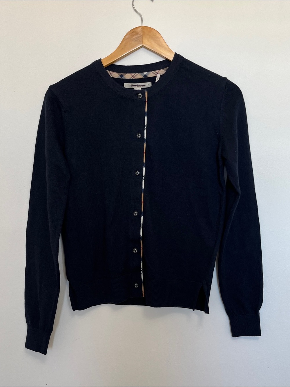 BARBOUR Elbow Patch Plaid Navy Cardigan Size US 4 NWOT - Picture 3 of 7